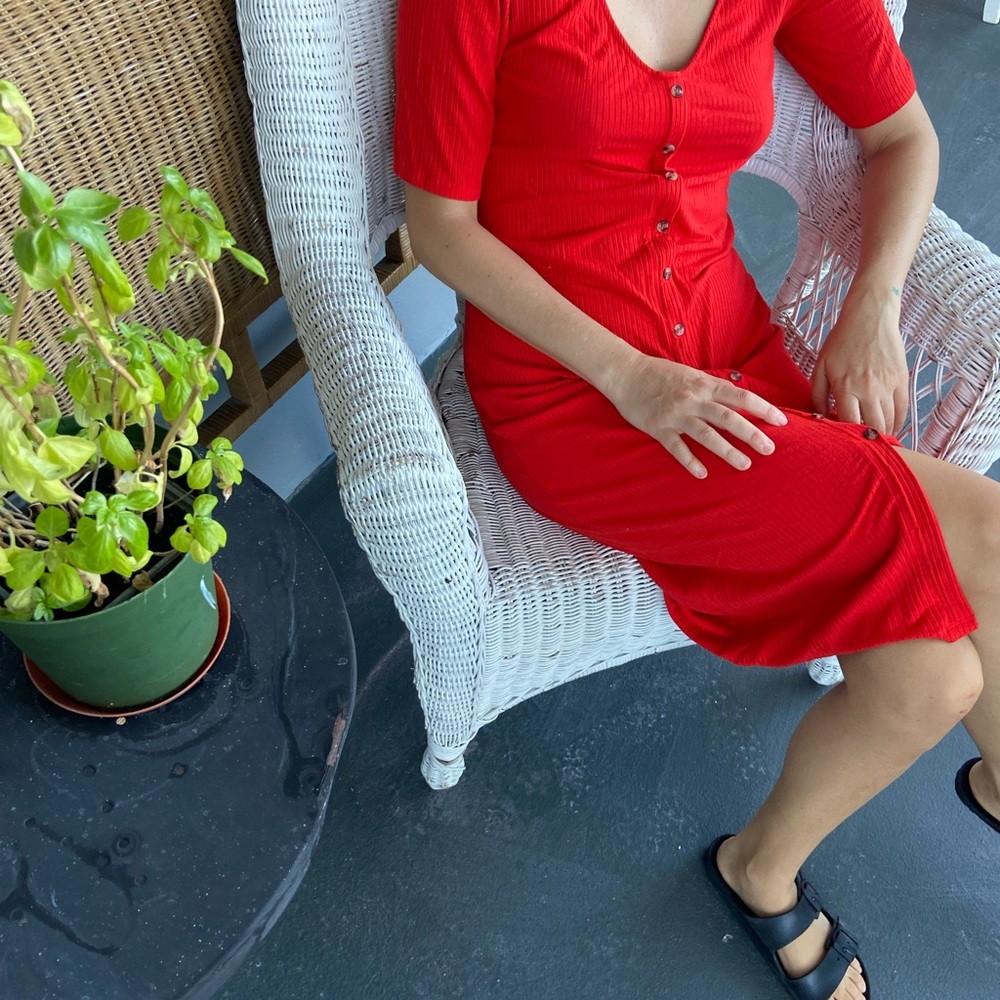 Midi Red Ribbed Jersey Dress